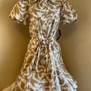 Cynthia Steffe Beige and White Puff Sleeve Dress